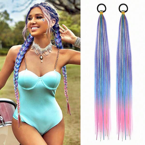 2 Piezas extensiones de cabello con trenza de alambre metálico de 26 pulgadas (aproximadamente 66.0 cm) de longitud en degradado azul y rosa, extensiones de cola de caballo con elástico, extensiones de cabello aplicables para trenzas