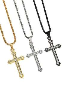 1pc Fashionable Minimalist Personalized Rhinestone Stainless Steel Cross Necklace, Wholesale Cross-Border High-End Long Black Sweater Chain, Fully Rhinestone Cross Pendant Necklace, European And American Hip Hop Charms Pendant, Household Holiday Birthday Gift For Men Daily Wear - New Diamond Cross Necklace - View 2