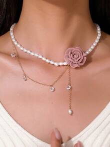 1pc Elegant Faux Pearl, Cubic Zirconia Flower & Bow Design Necklace, Suitable For Women's Daily Wear, Weddings, Engagements, Parties, Gift