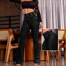 ChicMe Women's Back Shirred Button Front Cinch Jeans High Waist Pants With Pockets - Black - View 1