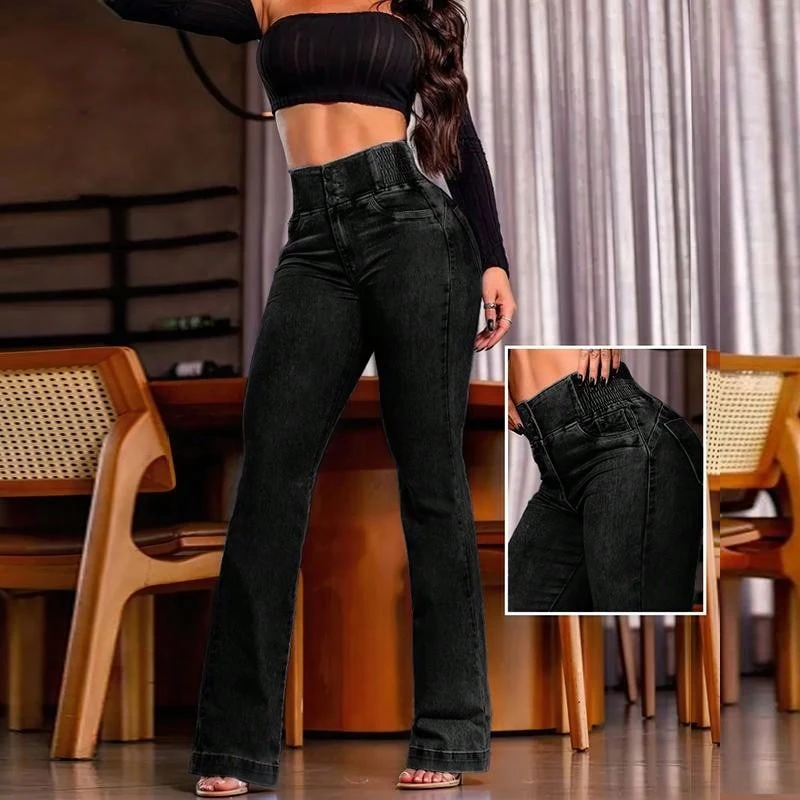 ChicMe Women's Back Shirred Button Front Cinch Jeans High Waist Pants With Pockets - Black - View 1
