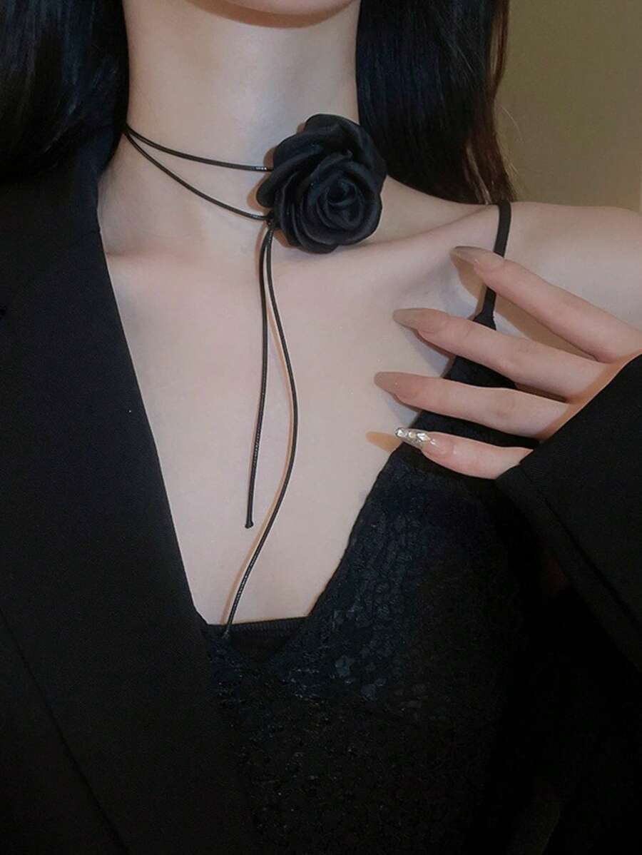 Rose Flower Necklace For Women, Black Flower Choker Necklace, Camellia Flower Wax Rope Neck Chain