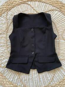 Formal Set Wide Leg Pants High Waist Pockets Tailoring Vest Buttons Simple Elegant Casual Pocket Zipper - 黑色 - 查看 4