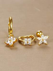 3 件套不锈钢锆石花朵耳环套装，女士适用，18K 镀金防过敏耳屏耳轮圈耳钉软骨穿孔饰品，适合日常佩戴 - Gold-2# - 查看 5