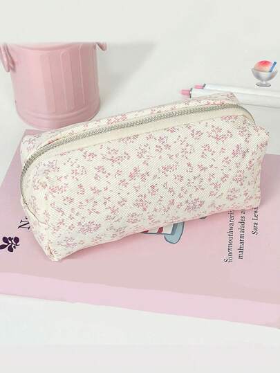 1Pc Floral Print Pencil Case, Back-To-School Stationery Organizer, Double-Sided Printed Pouch, Portable Multi-Functional Office & School Pencil Holder, Pencil Pouch, School Bag School Supplies, Back To School