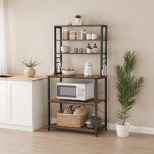 VASAGLE Coffee Bar, 31.5 Inches Baker's Rack For Kitchen With Storage, 6-Tier Kitchen Shelves With 6 Hooks, Microwave Stand, Industrial - Brown - View 2