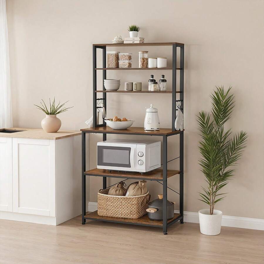 VASAGLE Coffee Bar, 31.5 Inches Baker's Rack For Kitchen With Storage, 6-Tier Kitchen Shelves With 6 Hooks, Microwave Stand, Industrial