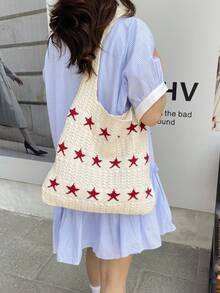 Túi Tote Dệt Kim Pentagram, Túi Dệt Kim Phong Cách Tối Giản Cross-Border, Túi Đeo Vai Dung Tích Lớn Cá Nhân Hóa Thời Trang - Màu be - Xem 2