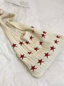 Túi Tote Dệt Kim Pentagram, Túi Dệt Kim Phong Cách Tối Giản Cross-Border, Túi Đeo Vai Dung Tích Lớn Cá Nhân Hóa Thời Trang - Màu be - Xem 6