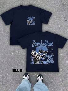 Black T-Shirt With Stand Alone Graphic And Money Stack Design For Casual Wear - Blue - View 1