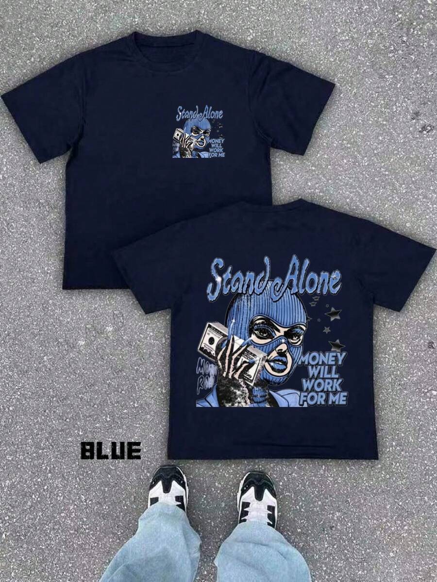 Black T-Shirt With Stand Alone Graphic And Money Stack Design For Casual Wear - Blue - View 1