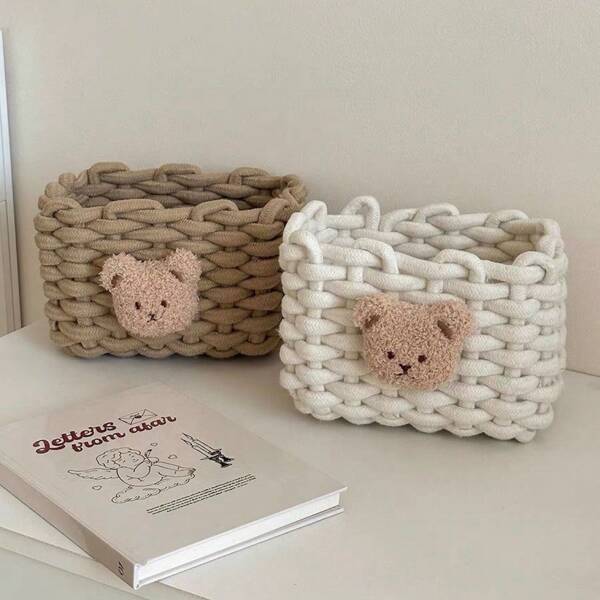 Cute Little Bear Storage Basket; Fun Desktop Simple Cotton And Linen Woven Basket; Girl's Heart Key Snack Miscellaneous Storage Box Desktop Organization Storage Box; Pieces