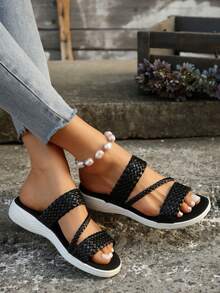 女士编织平底凉鞋，休闲户外一脚蹬舒适防滑夏季拖鞋 - 黑色 - 查看 4