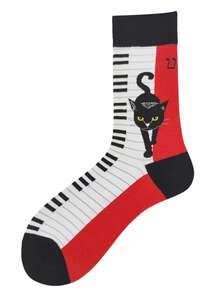 1 Pair Women's Color Blocking Black Cat Piano Key Pattern Mid-Calf Socks, Unique Fashion Suitable For Daily Wear - Multicolor - View 4