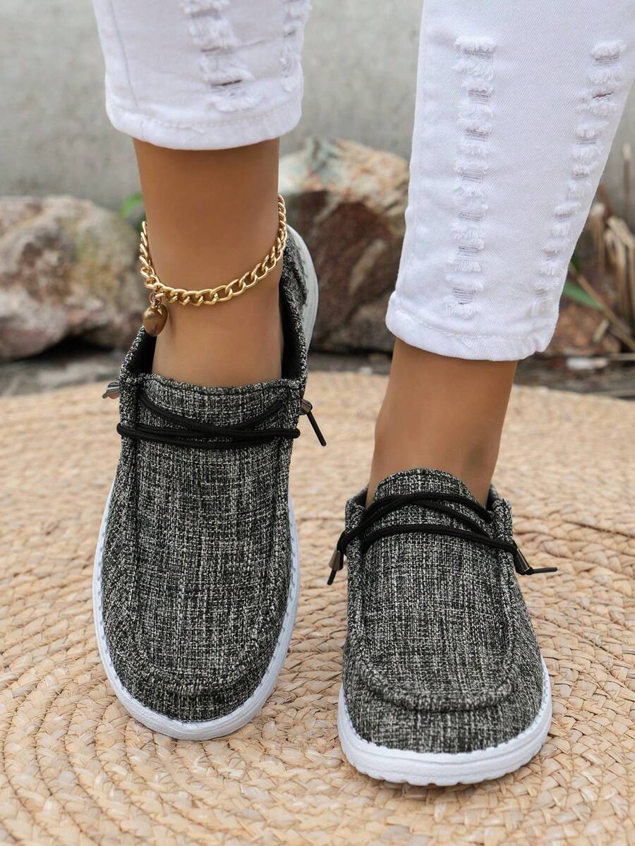 Women's Casual Gray Breathable Anti-Slip Canvas Shoes, Solid Color Pattern Canvas Material, Round Toe Elastic Lace-Up Easy On/Off Flat Sneakers, Lightweight Work Shoes - Grey - View 1