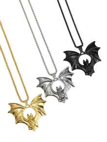 1pc European & American Gothic Style Bat Pendant Necklace, Halloween Gift Accessory, Large Gold-Tone Stainless Steel Gothic Jewelry Necklace, Personalized Black Necklace, Daily Wear For Men - New Bat Necklace - View 2