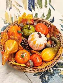 50 件仿真南瓜套装迷你仿真葫芦秋叶橡子装饰适用于丰收感恩节餐桌中心装饰托盘农舍花瓶节日派对家居装饰，假植物