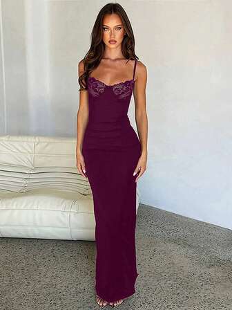 女式性感蕾丝拼布修身吊带裙，夏季