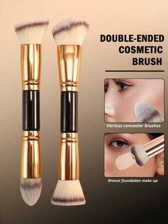2 pièces Set de pinceaux de maquillage à double tête avec pinceau à joues, pinceau de fond de teint, pinceau de finition, pinceau pour poudre libre. Outils de maquillage pour voyager