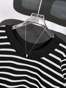 大码条纹撞色休闲套头针织短袖上衣 夏季 - 黑與白 - 查看 3