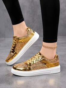 Women Casual Sports Shoes, Fashion Glitter Shoes, Flat Sneakers, Lace-Up Trainers, Lightweight Breathable Flats - Gold - View 4