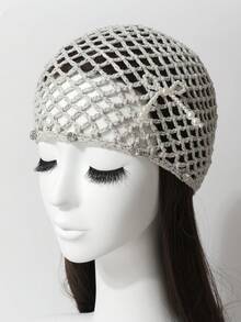 Gorro de mujer para primavera y verano, tejido a mano con diseño de malla calada, adornado con cristales, perlas y lazo, elegante y transpirable. Sombrero tejido fino y versátil con pañuelo decorativo - Sombrero tejido - Ver 4
