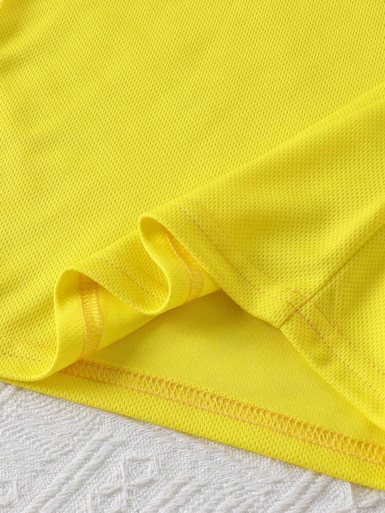 Bộ 2 món đồ thể thao mùa hè cho trẻ em, gồm áo thun và quần short ngắn tay cổ tròn in chữ, chất liệu lưới, phù hợp cho bé 3-7 tuổi, thích hợp cho các hoạt động thể thao, thường ngày và ngoài trời. - Màu vàng - Xem 5