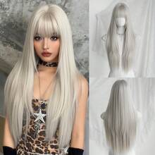 NAMM 28 Inch Silver Extra Long Layered Hair Wig - Very Long Syntehtic Straight Wig With Bangs, Premium Soft Silky Waist Heat-Resistant Fiber Hair Full Machine Costume Wigs For Women Daily Wear, Cosplay Festival Ready Party Use, - Sakura Celebrations Glam & Party Streetwear Photography - Girls Gift For Wig Accessories - Beginners Glueless Wig Accessories