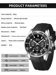 BIDEN 1pc Men's Diving Watch, Chronograph, Waterproof, Night Light, Silicone Strap, Analog, Date, Fashionable Sports Watch - Black - View 7