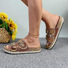 Sandalias planas para mujer con plantilla de corcho, punta abierta, correa ajustable, para caminar | Playa | Interior POWDER-03 - Marrón - Ver 5