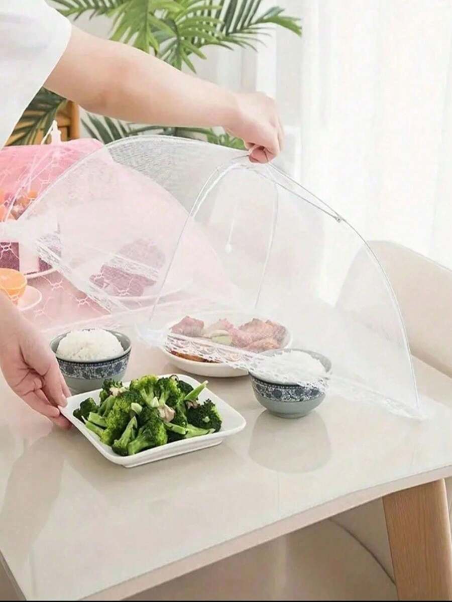 1pc Lace Mesh Food Cover, Dustproof Pop Up Umbrella Food Tent, Decorative Reusable Collapsible Food Covers For Table, Food Nets, Kitchen Tools - White - View 1