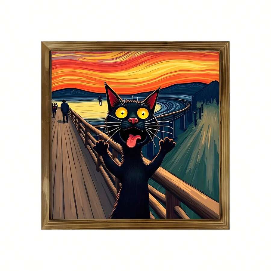 1 幅 2D 平面黑猫与水果碗壁画 - 复古木框油画，梵高风格星夜装饰，适合客厅、卧室、办公室 - 独特的家居礼物创意，桌面装饰，趣味设计，木框，2D 平面艺术品