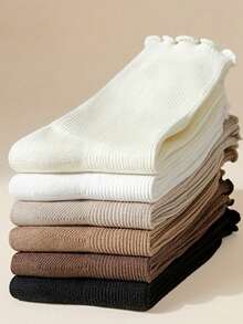 10 双女士褶边中筒袜，薄款夏季袜子，黑白，秋季长袜，乐福鞋，时尚。 - 黑色 - 查看 6