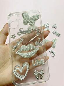 10Pcs/Set Sweet Cool Luxury Designer Bling Silvery Wishing You Good Luck Letter Full Diamond Shining Mouth Butterfly Hollow Pearl Heart Star Bow Cherry Resin Charm Smile Love Words Junk Phone Case Computer Storage Box Makeup Mirror Water Bottle Home Decoration Charms Accessories Kawaii Diy Hairpin Shoe Buckle Crafts - Bạc - Xem 8