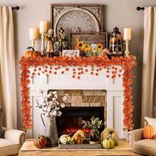 1/5 件秋叶花环，悬挂藤蔓花环人造秋叶枫叶感恩节装饰万圣节适用于家庭婚礼壁炉派对，假植物 - 彩色 - 查看 8