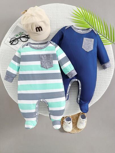 2 peças/Conjunto Macacão de Bebê Recém-Nascido Simples com Bolsos Listrados