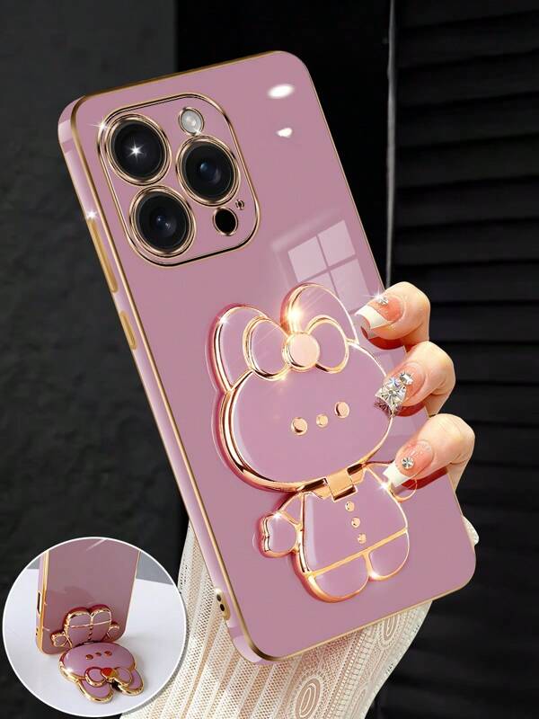 Funda de teléfono de lujo chapada en oro con soporte creativo y lindo de gatito incorporado, espejo de maquillaje integrado, nueva cubierta suave a prueba de golpes de silicona de moda compatible con 16 15 14 13 12 11 X XS XR 8 7 Plus Pro Max, Galaxy S25 S24 S23 S22 S21 Note 20 A55 A54 A53 A52 A35 A34 A23 A16 A15 A14 A13 A12 A05S FE Ultra 4G 5G, Redmi Note 13 Pro, Infinix Hot 40i Smart 8 Spark GO 2024, OPPO Reno VIVO MOTO Honor