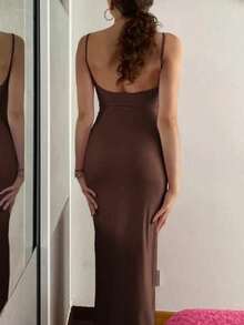 Long Dress With Straps Without Padding, Plain, Elegant, Parties, Sensual, Tight, Butt-Lifting, Suplex Fabric, Fashion, Summer, Sleeveless, 2025, Basic Evening - 鏽棕色 - 查看 2