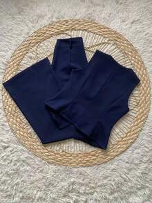 Formal Set Wide Leg Pants High Waist Pockets Tailoring Vest Buttons Simple Elegant Casual Pocket Zipper - Màu xanh hải quân - Xem 3