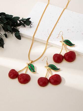 1 pièce Set de collier et boucles d'oreilles à pendentif cerise à la mode, doux et élégant pour le port quotidien, les fêtes et les événements