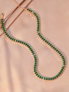 1pc Vintage Charm Elegant Versatile Sparkling Cubic Zirconia Geometric Brass Necklace Choker For Women And Girls, Daily Wear, Teacher's Day, Mother's Day, Valentine's Day, Goddess Day, Thanksgiving, New Year Gift - Dark Green - View 22
