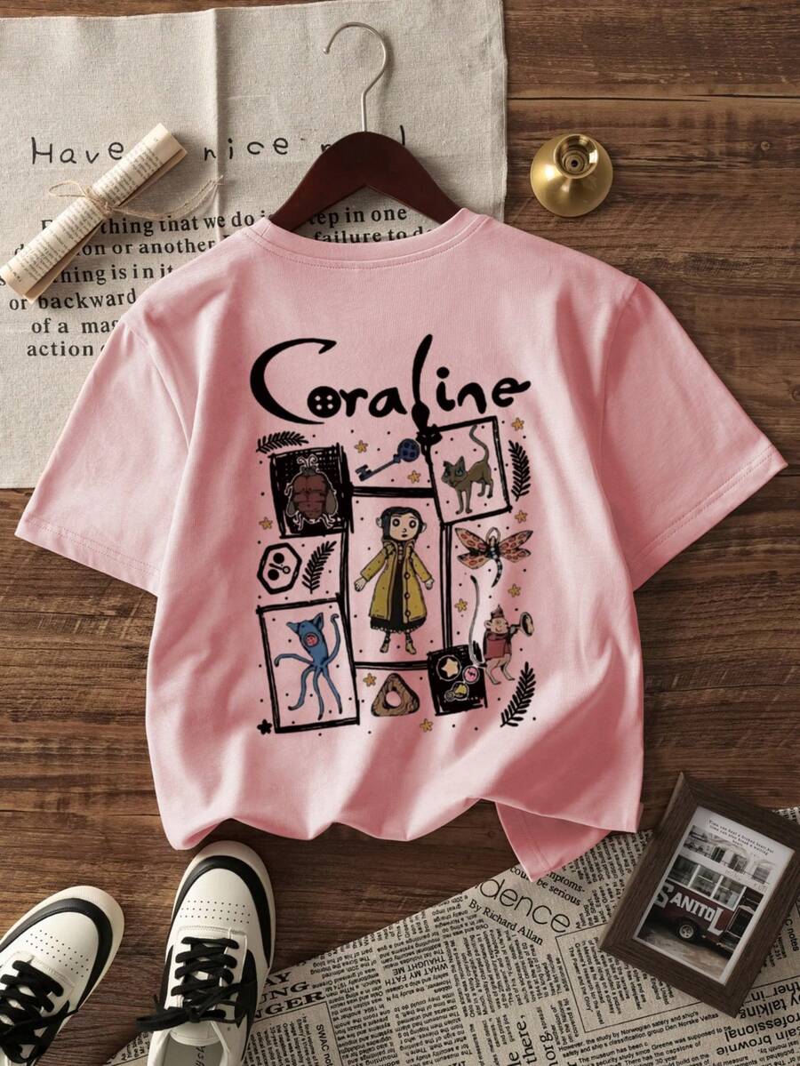 女童及儿童休闲印花圆领短袖T恤，夏季学生童装 - Unique Cat Animal World 为想要脱颖而出的动物爱好者提供独特的T恤！儿童服装 女童图案T恤 夏季上衣 青少年女童服装 - 粉色 - 查看 1