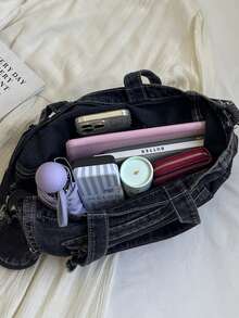 תיק אופנה חדש וקז'ואל מבד ג'ינס רך מכוסה עם כיסים מרובים (עם ארנק למטבעות), תיק נסיעות גדול בצבע אחיד, תיק מזוודות, תיק כתף רב-תכליתי לנסיעות, תיק ספורט לחדר כושר, תיק שליח רטרו לסטודנטים, מתאים לעבודה, קניות, נסיעות, ספורט ושימוש בית ספר - שחור - ראה 12