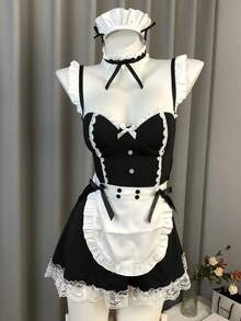 1 套女式性感蕾丝细肩带女仆装，性感女仆装，适合角色扮演、派对、黑暗洛丽塔风格（包括发带 + 衣领） - 黑色 - 查看 6