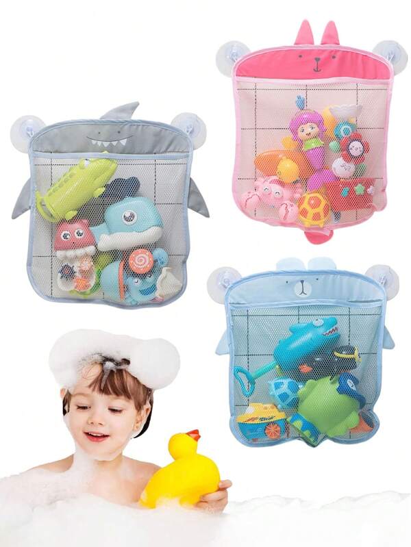 3pcs-Bathroom Cartoon Mesh Hanging Bag, Hanging Organizer, Mesh Bath Toy Storage Organizer, Shark & Bear & Bunny Storage Mesh, Bathtub Toy Storage Organizer, Perfect Bathroom Hanging Organizer, Quick Dry, Comes With Suction Cups, Newborn Essentials