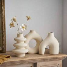 波西米亚风格 1/3 件白色陶瓷花瓶套装 - 非常适合香蒲，非常适合婚礼和家居装饰，非常适合客厅、卧室和咖啡桌的圆形中心装饰