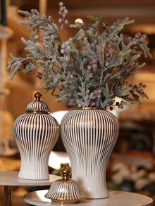 1件陶瓷姜罐金色条纹装饰通用罐花瓶瓷质储物罐带盖工艺品家居装饰花瓶