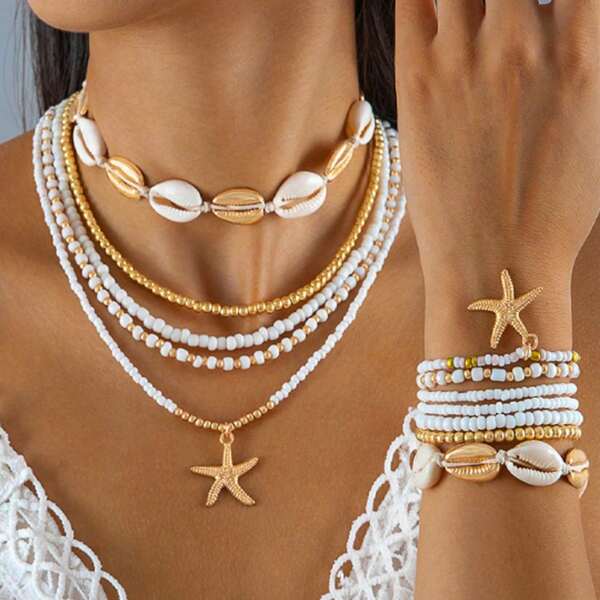 12pcs Handmade Rice Bead Macrame Necklaces & Bracelets Set, Beach Style Sea Star Jewelry, Multi-Layer For Women