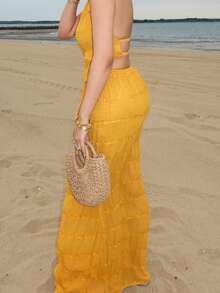Melissa Matos Apricot Chiffon Multi-Layer Pleated Lace Trim Halter Backless Maxi Dress Set, Romantic Elegant 2-Piece Outfit - Yellow - View 3