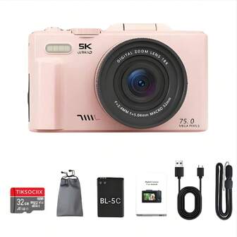 5K UHD & 75MP Digital Camera - Wifi Vlogging Camera, 18X Zoom, 3" 180° Flip Screen, Auto Focus & Anti-Shake, Compact Travel Camera For Live Streaming, 32GB SD Card & 1150mAh Battery, Suitable For Beginner Photography With Adjustable Settings